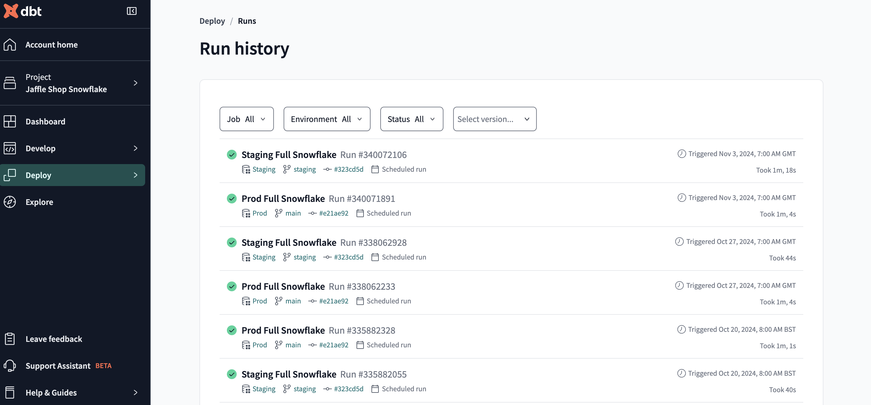 Run history dashboard allows you to monitor the health of your dbt project and displays jobs, job status, environment, timing, and more.